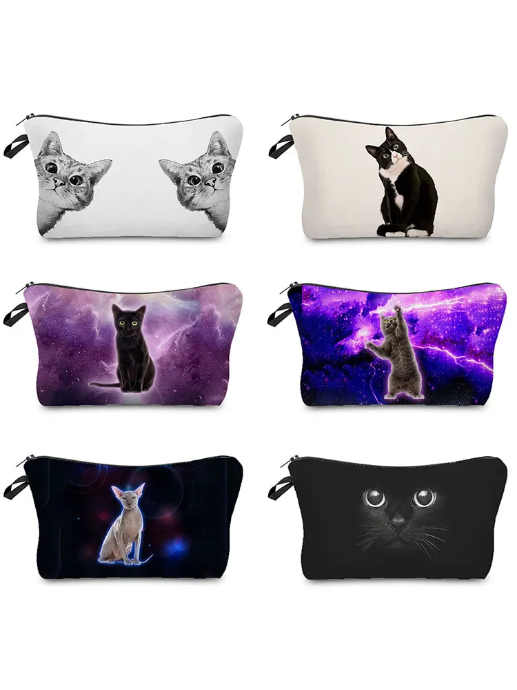 Fashion Black Big Eyes Cat Printed Makeup Bag Lovely Student Pencil Case Waterproof Multifunction Outdoor Practical Coin Purse