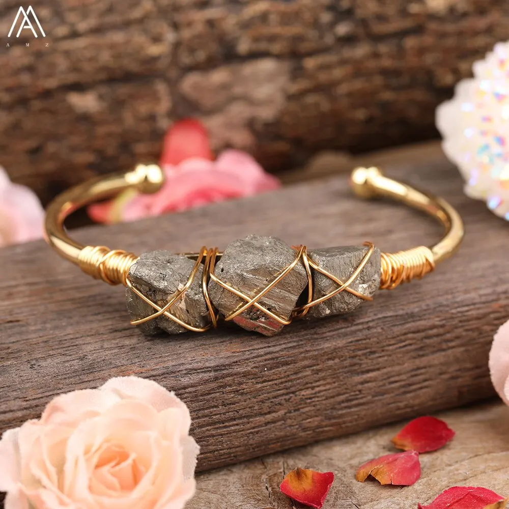 

Luxury Women Natural Pyrite Iron Stone Beads Gold Cuff Bracelet Gemstone Chip Beads Wristband Bracelets Jewelry Gift Dropship