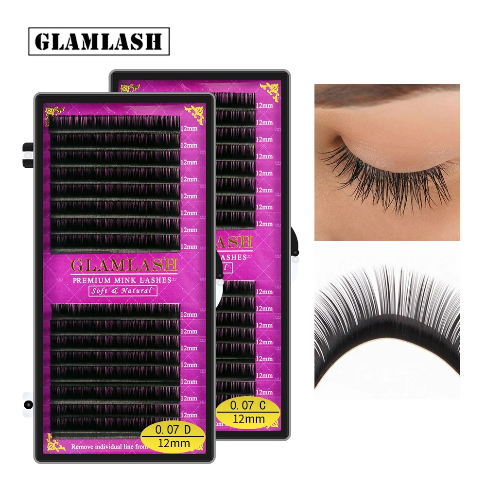 GLAMLASH High Quality 16Rows JBCD Natural Eyelash Extension Faux Mink Soft Individual False Eye Lash Extension Premium Cilios