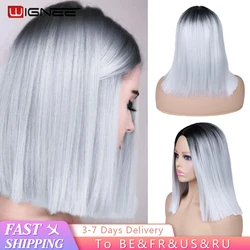 Wignee 2 Tone Synthetic Wig Ombre White Ash Blonde for Women Middle Part Short Straight Hair High Temperature Cosplay Hair Wigs