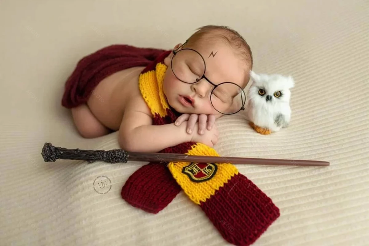 Newborn Photography Props Scarf Round Glasses Owl Map Tickets Magic Hat Wand Set for Baby Photo Studio Prop Accessories