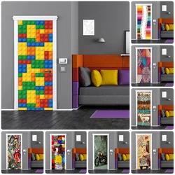 Pieced Blocks House 3D Door Sticker Living Room Decor Vintage Wooden Grain Graffiti Adhesive Vinyl Car Mural For Wall Decoration