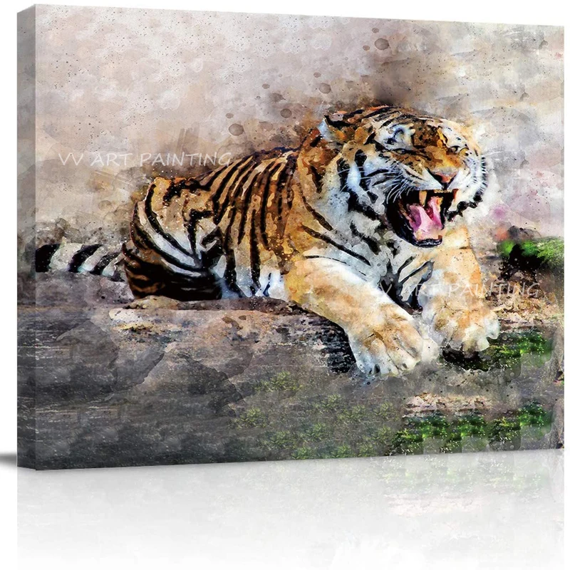 Horizontal Lying Tiger Handmade Canvas Oil Painting, Textured Animal Wall Decor, Rustic Household Wall Decoration Art Gift