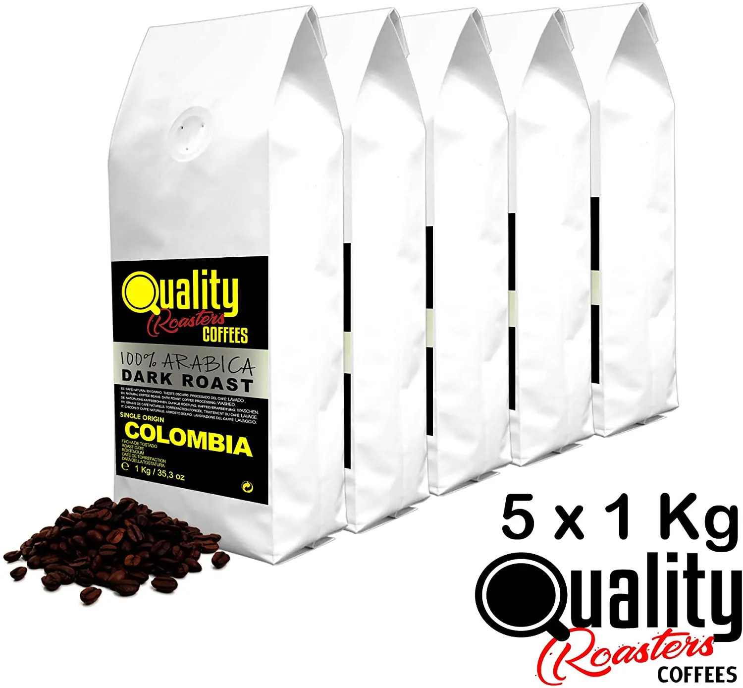Café en grano natural. Tueste Oscuro. 100% Arabica. Origen Colombia. Pack 5KG