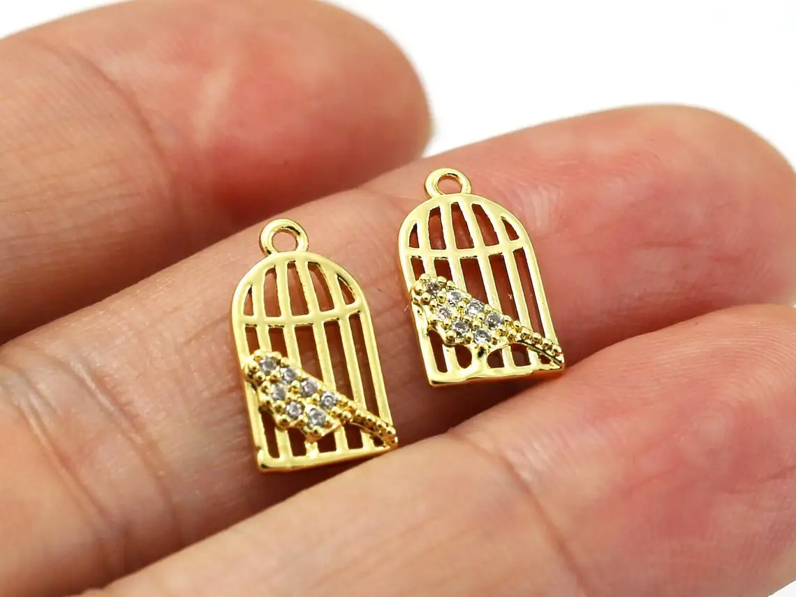 10pcs Gold Birdcage Charm, Earring Charms For Jewelry Making, Parrot Charms, Real Gold Plated G021