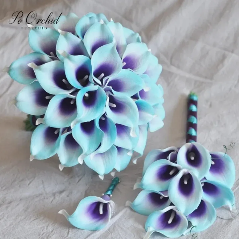 

PEORCHID Simple Wedding Bouquet Purple Blue Artificial Hand Flower Real Touch Calla Lily Bridal Bouquet Set For Bridesmaids