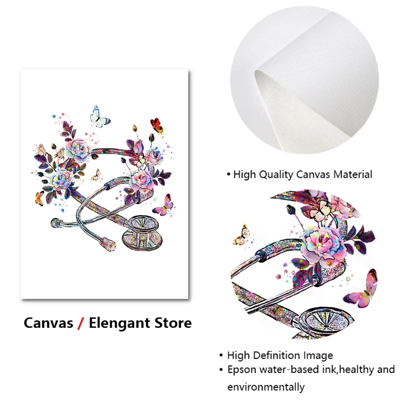 Physician Gift Medical Device Watercolor Art Painting Canvas Print Caduceus Stethoscope Microscope Poster Clinic Wall Art Decor