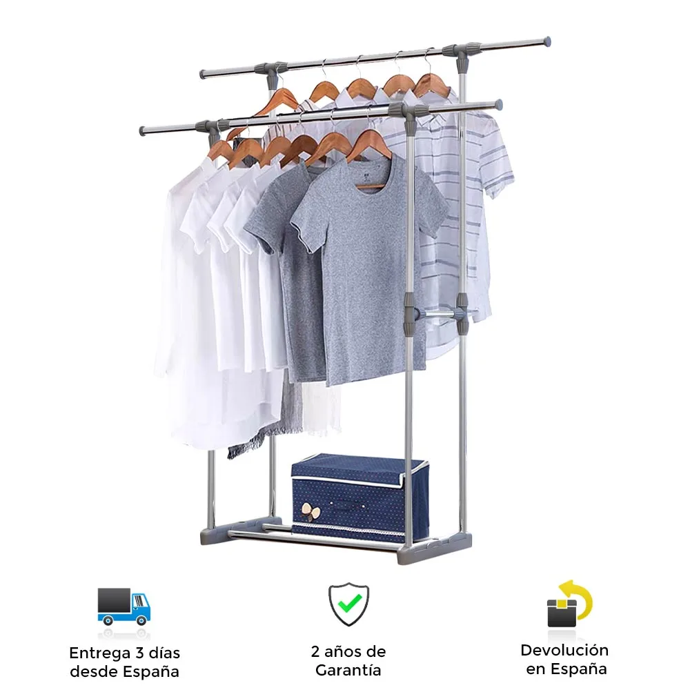 Extendable double coat rack, chrome stainless steel pipes, tough, easy fitting and cleaning, clothes, shoes, bags, coat rack, clothes rack