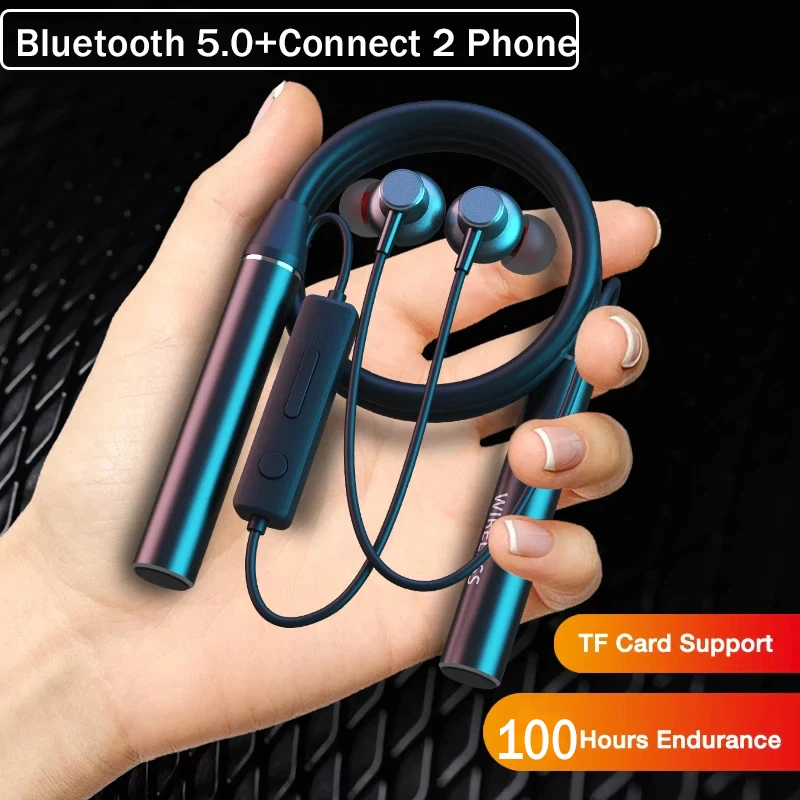 【Connect 2 Phones】100 Hours Music Neck V5.1 Bluetooth Headset Wireless Neck Earphones Headsets with Mic and Support TF Card