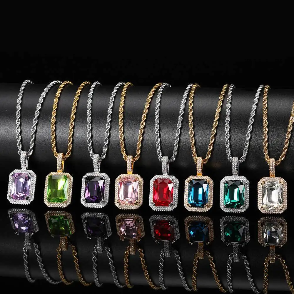 Filled Cubic Zirconia Necklace Green Square Pendant Black Gemstone Red Pink Stone Birthstone Punk Jewelry Hip Hop 2024