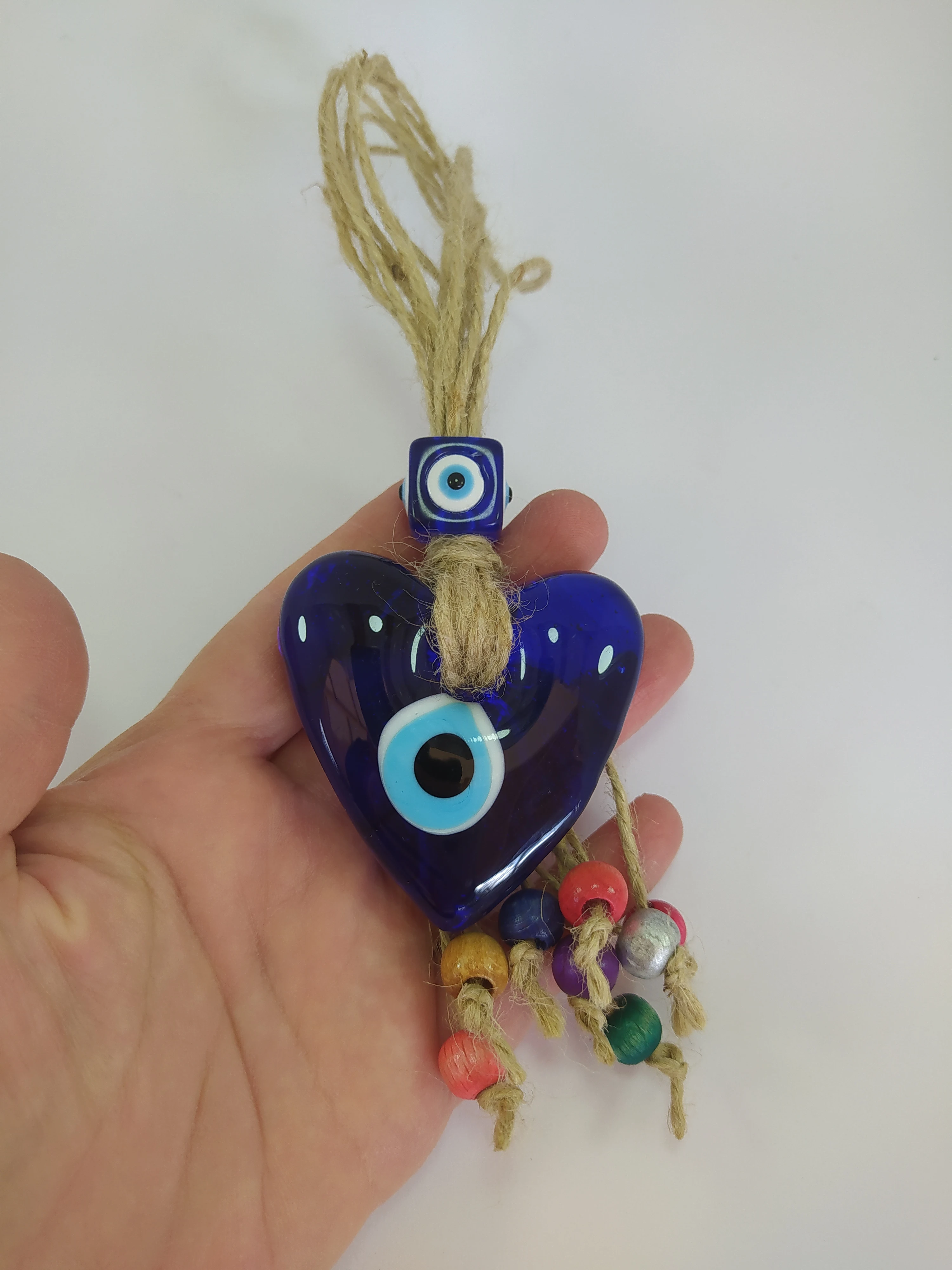 Tasselled Heart Evil Eye Wall Hanging Handmade Glass Bead Pendant Charm Turkish Amulet Talisman Nazar Protector Boho Home Decor