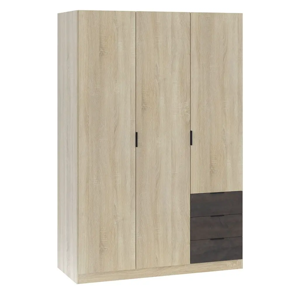 Three-door, three-drawer wardrobe, measures: 121 cm (length) x 180 cm (height) x 52 cm (background) (Canadian oak-rust)