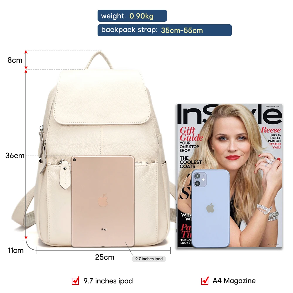 Zency 15 Colors Fashion Women Backpack 100% Genuine Leather Beige Travel Knapsack Large Capacity Girls Schoolbags Preppy Style