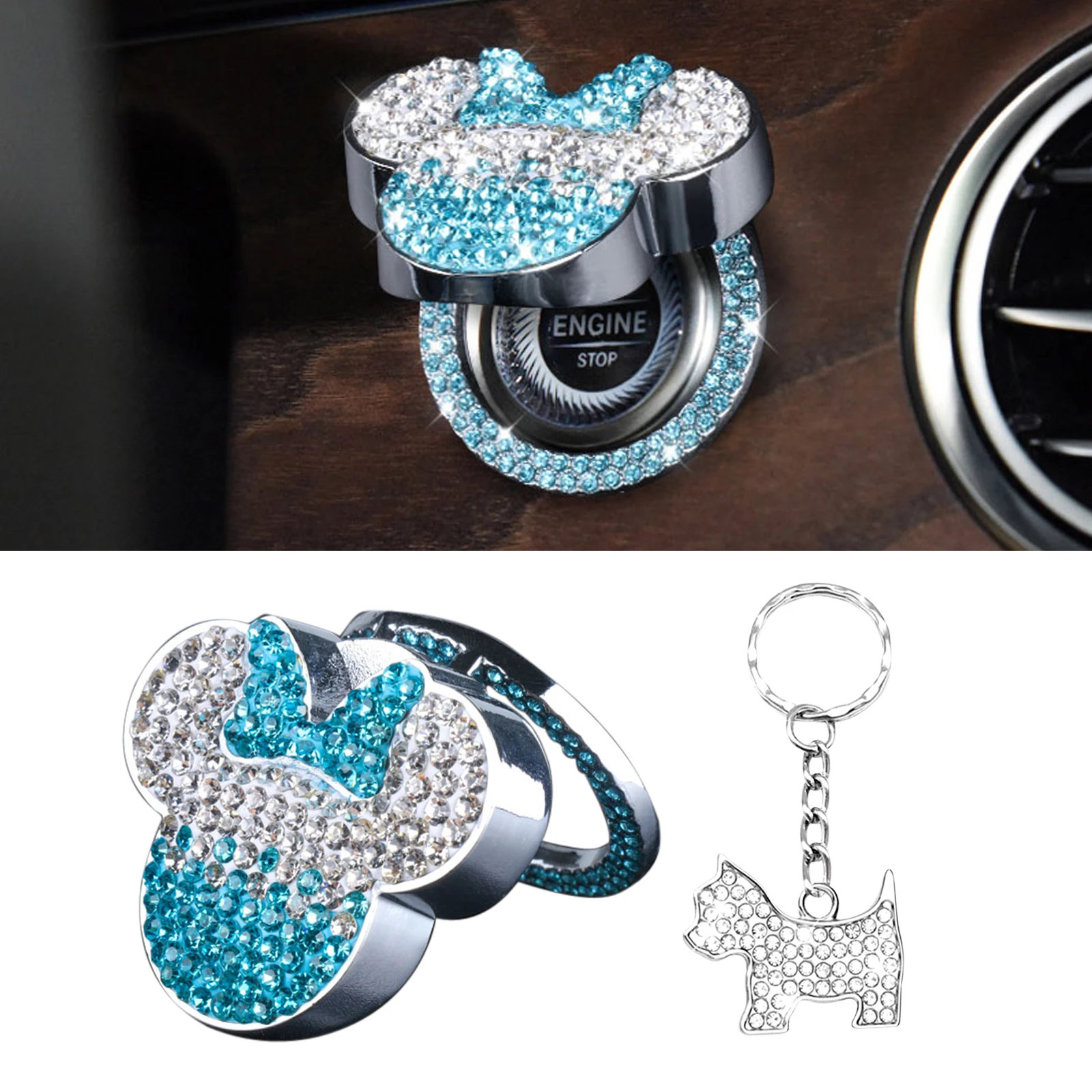 Bling Push Start Button Cover Diamond Blue Pink Cute Car Accessories for Women Engine Start Stop Button Cover Interior Sticker