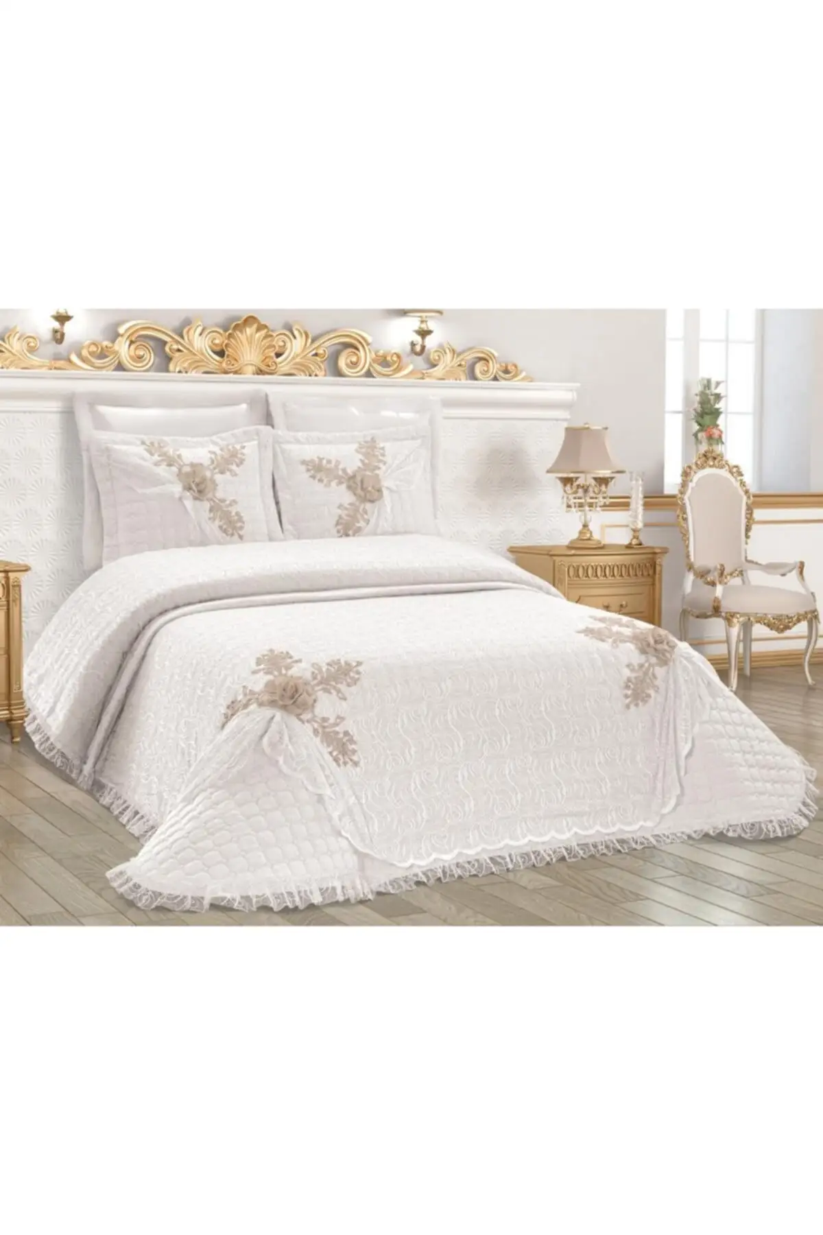 Elegant Tulle Embroidered Quilted Double Coverlet Set 3PCS Bed Cover Set Cream Ecru Color Set Pillowcases Bedroom Textile-ALEYNA