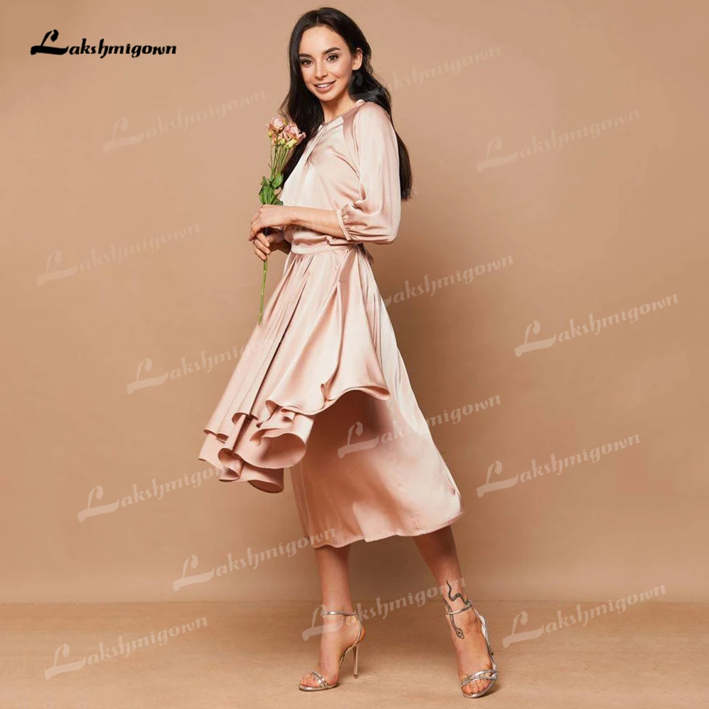 

Elegant Mother Of The Bride Dresses Silk Satin Tea-Length A- Line Wedding Guest Dress robe de soirée Formal Evening ruffles