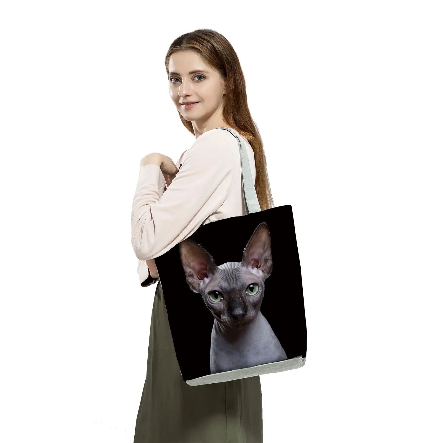 Cat Dog Print Black Shoulder Bag Cute Animal Casual Handbags Travel All-Match Portable Tote Reusable High Capacity Shopping Bags