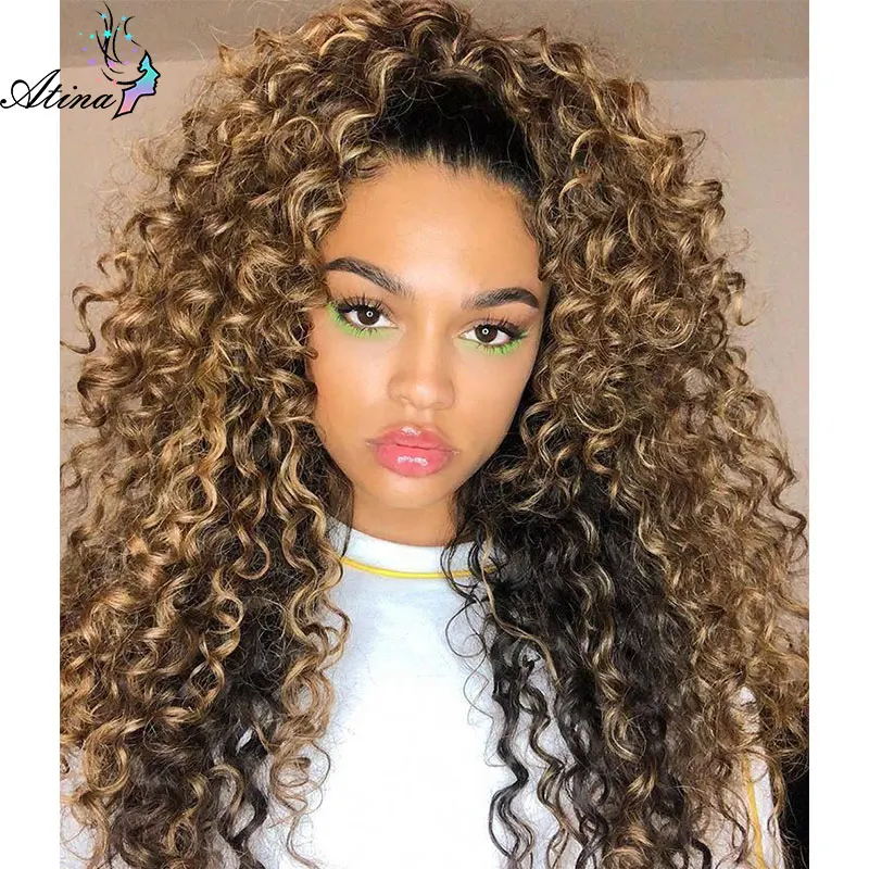 Ombre 13x4 Deep Curly Human Hair Wig For Women Highlight Honey Blonde Brazilian Water Wave Full 360 hd Lace Frontal Wigs Atina