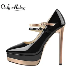 Onlymaker Women Platform Pumps Patent LeatherThin High Heels Pointed Toe Shallow Double Buckle Big Size Mary Janes Shoes