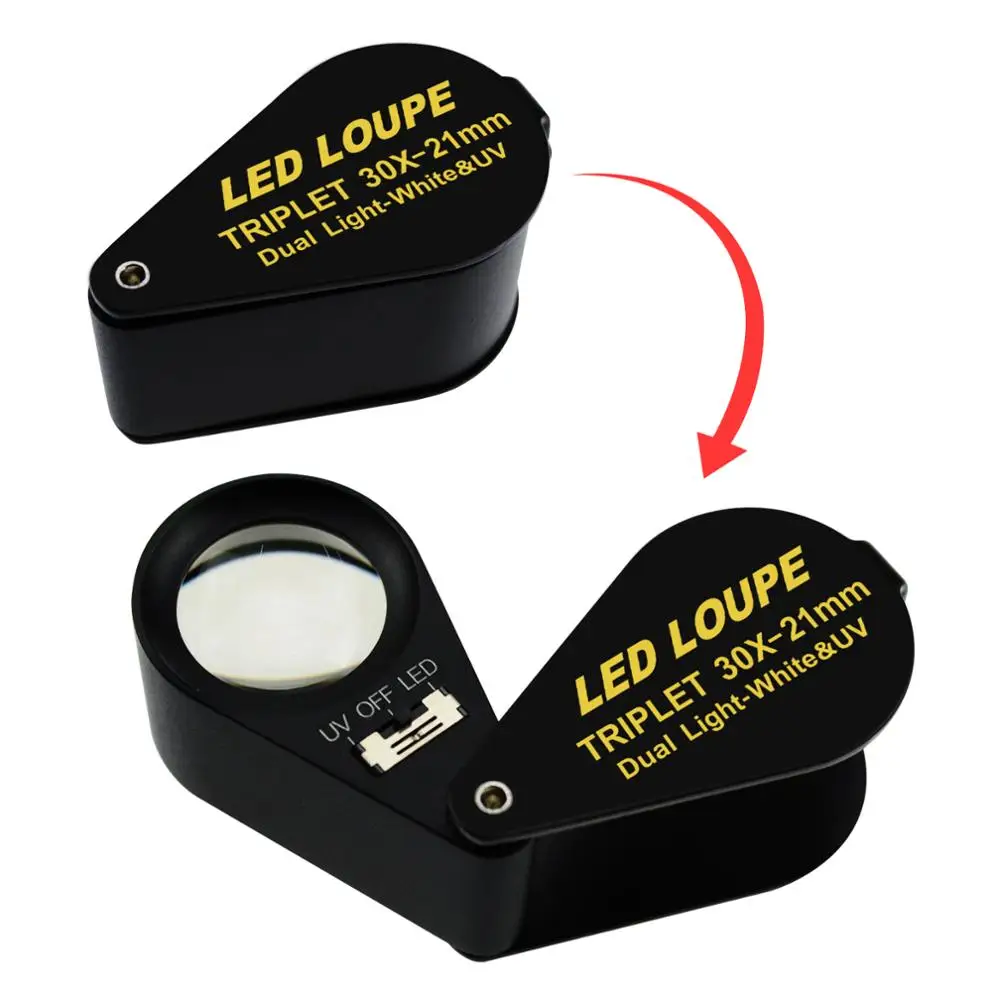 Gem Loupe Magnifiers 30x Magnification Jewelry with UV & 6 LED Light, 21mm Triplet Magnifiers