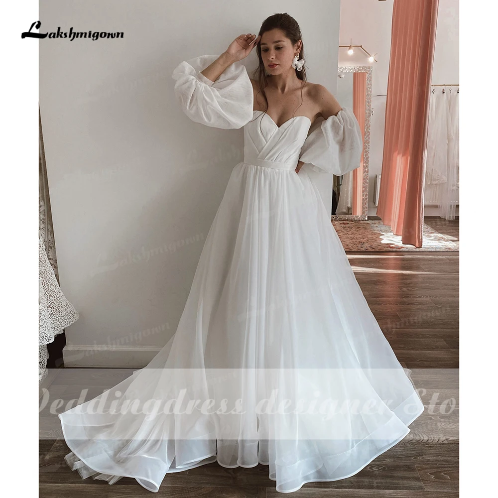 Stylowy Boho weselny sukienka z odpinanymi bufiaste rękawy koronki up z powrotem minimalistyczny suknia ślubna vestido de novia Sweetheart proste