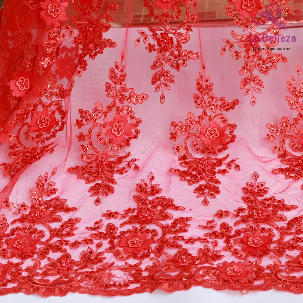 La Belleza handmade BLue,red 3D flowers/beaded wedding/evening dress lace fabric 49\'\' width 1 yard