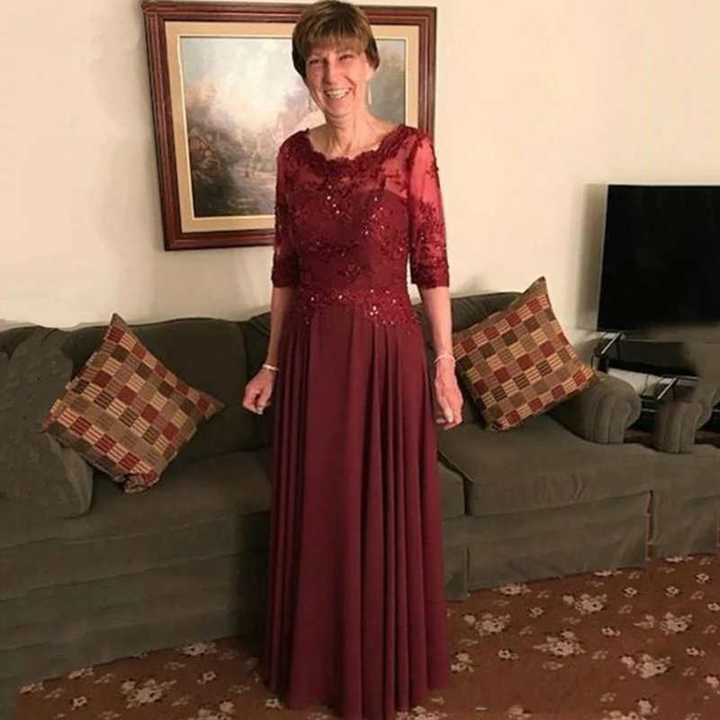 

Burgundy Mother of the Bride Dresses for Wedding Party Chiffon A-Line Sheer Half Sleeves Lace Appliques Elegant Evening Gowns