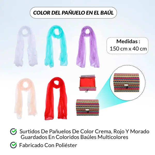 Lote 10 Pañuelo ColorFul Presentado en Baúl - Detalles, recuerdos y regalos para bodas, comuniones baratos originales invitados