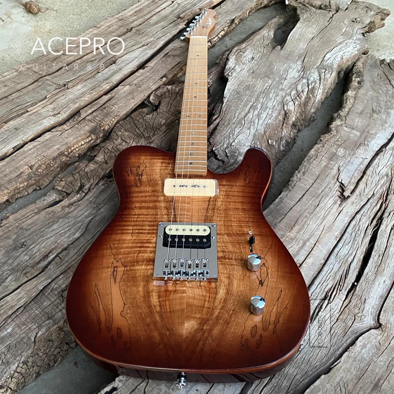 Acepro Brown Burst Electric Guitar, 2 piece Mahogany with Spalted Maple, Roasted Maple Neck, Abalone Dots Inlays Chrome Hardware