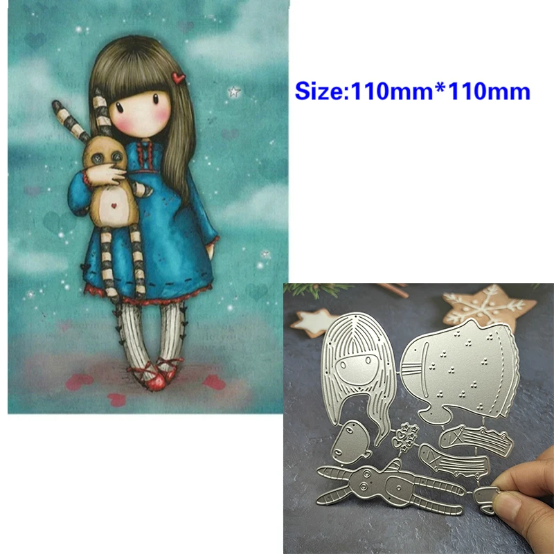 2022 New Arrival Cute Blue Skirt Girl Hold Toy Rabbit Metal Cutting Dies for DIY Scrapbooking Stencils Card Making