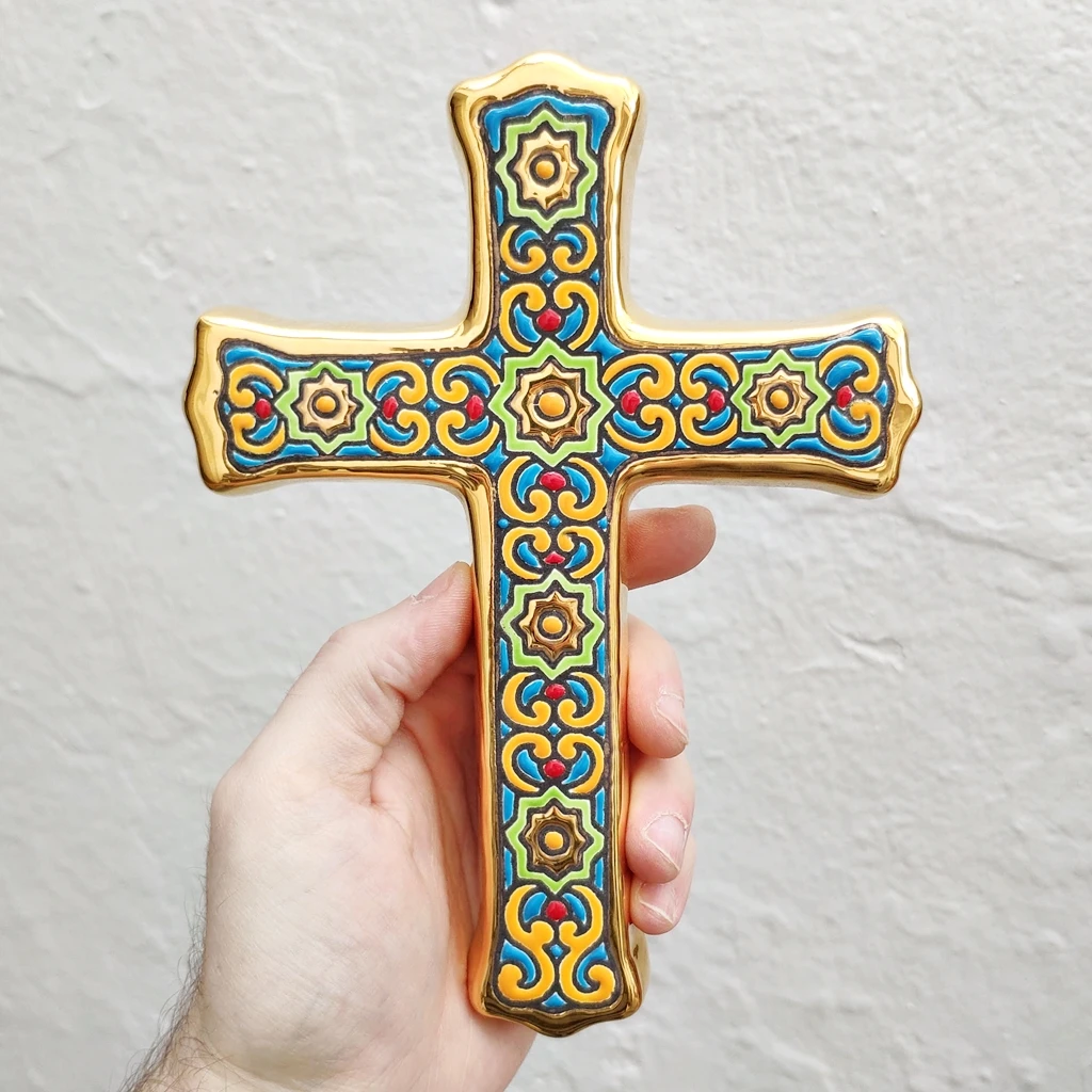 Ceramic cross 21cm (8,3 in)-24k gold-hand glazed ceramic-made in Andalusia-Spain-Sevilla-CERAMICFROMSPAIN-