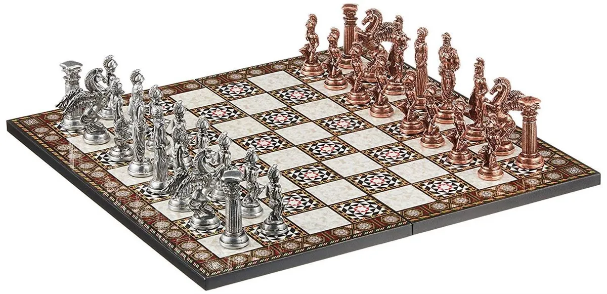 

Large Size Metal Pegasus Horses Chess Set Antique and Foldable MDF Wooden Chessboard with Mother-of-Pearl Pattern (43x43 cm.)