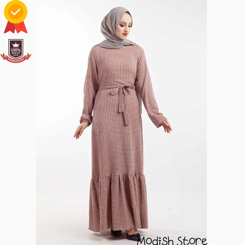 |2021 New Season| Checked Ruffle Dress For Women High Quality Turkey Dubai Abaya Evening Dresses European Clothing Hijab