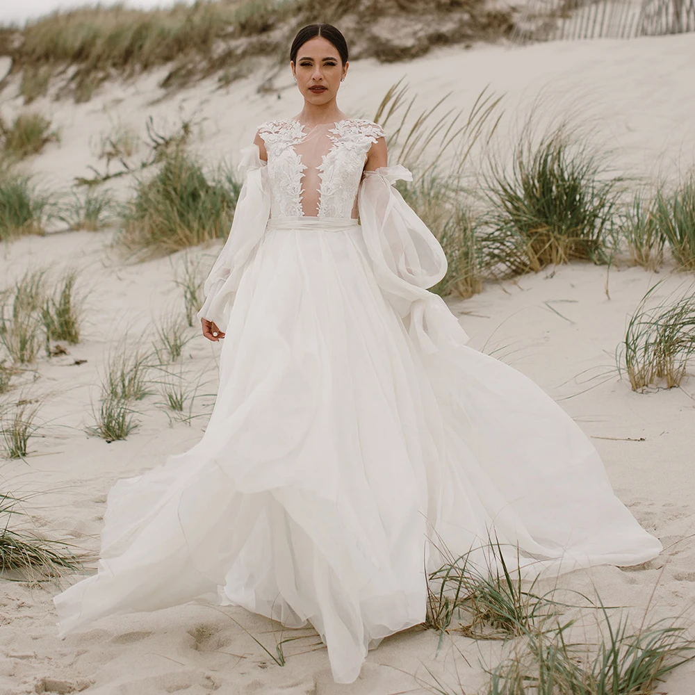 Vestido de novia de manga larga abombada extraíble, vestido de novia de gasa, con Espalda descubierta, fruncido de encaje, hecho a medida