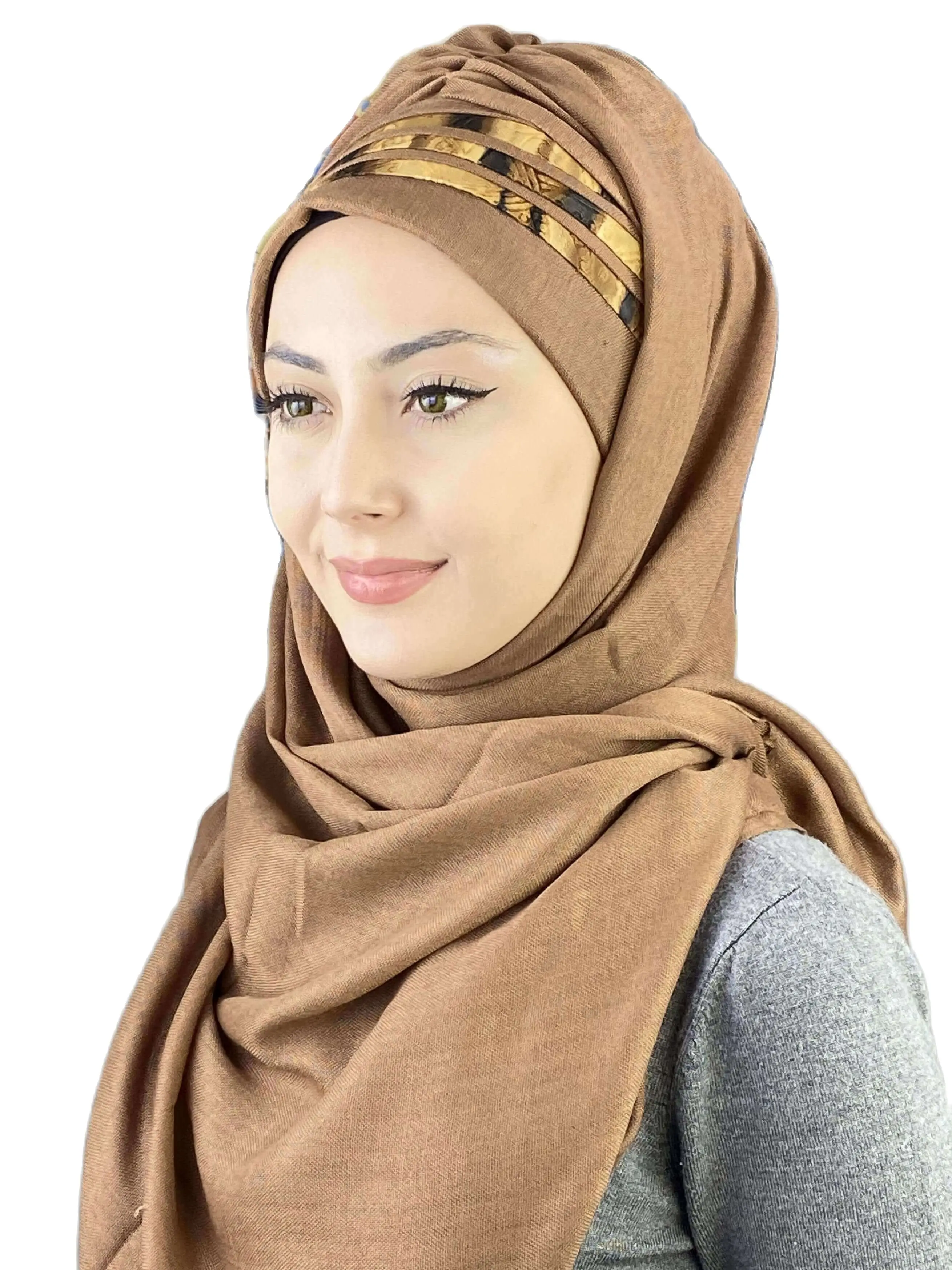 2022 Hijab New Fashion Scarf Women\'s Products Hat Islamic Bonnet Muslim Light Brown Color Asymmetrical Striped Draped Shawl