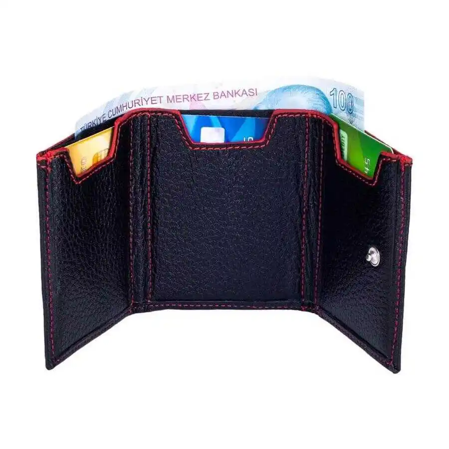 Twelve Genuine Leather Vertical Card Holder Wallet Black-Red Detailed Purse Casual For a Lifetime Money Pocket Good Quality New