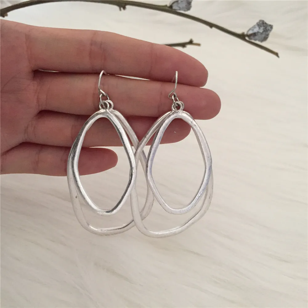 New Arrival Simple Design Big Drop Earring Silver Color Double Irregural Shape Dangle Earrings for Vintage Women Fashion