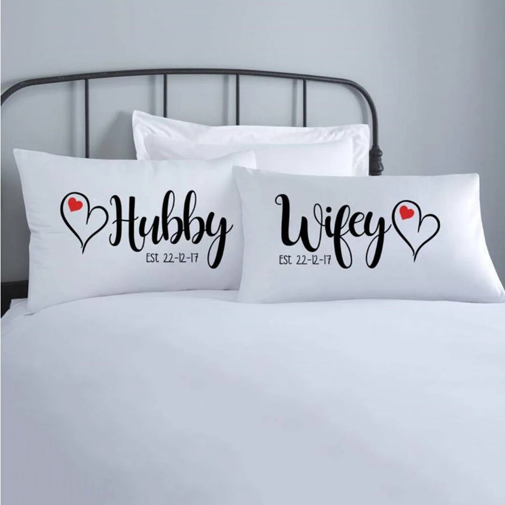 2pcs Letter Printing Pillow Cases Personalized Couple Themed Hubby Wifey Design Wedding Gifts High Quality Cotton Pillowcase