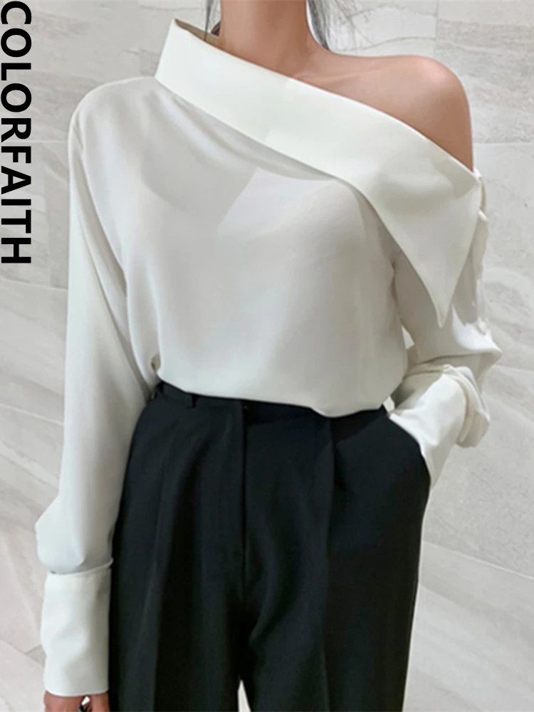 Colorfaith New 2022 Elegant Office Korean Style Lady One Shoulder Sexy Wild Women Spring Summer Cold Blouses Shirts Tops BL8179