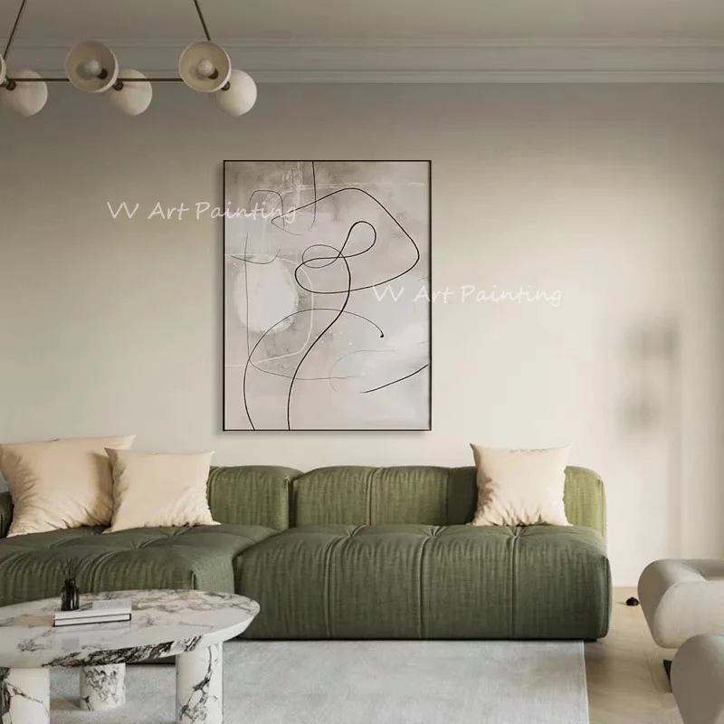 Modern Handmade Oil Painting, Thick Knife Textured Black Line Neutral Abstract Art, Minimal Decor For Office & Entrance