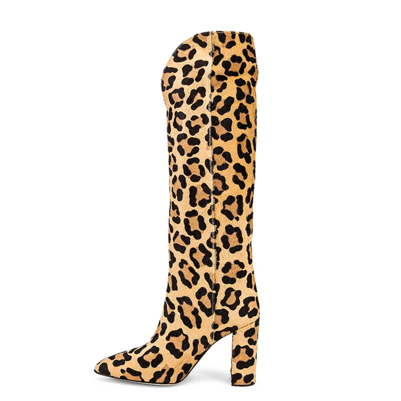 Leopard Knee High Boots for Women Pointed toe Faux Horse Hair Sexy Ladies Fashion Dress Chunky Heel Winter Long Boot Big Size