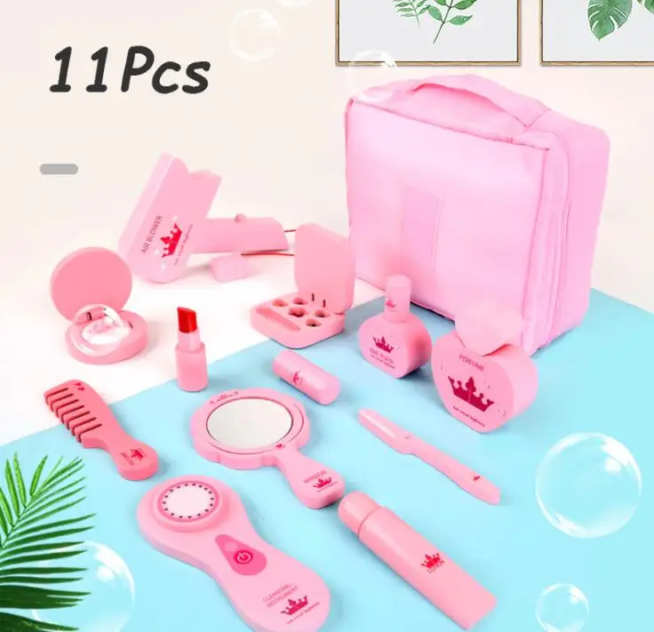 Wooden Pretend Play Makeup Toys for Girls Fashion Cosmetics Kids Pink Make up Bag Set Lipstick Nail Polish Set Educational Toys