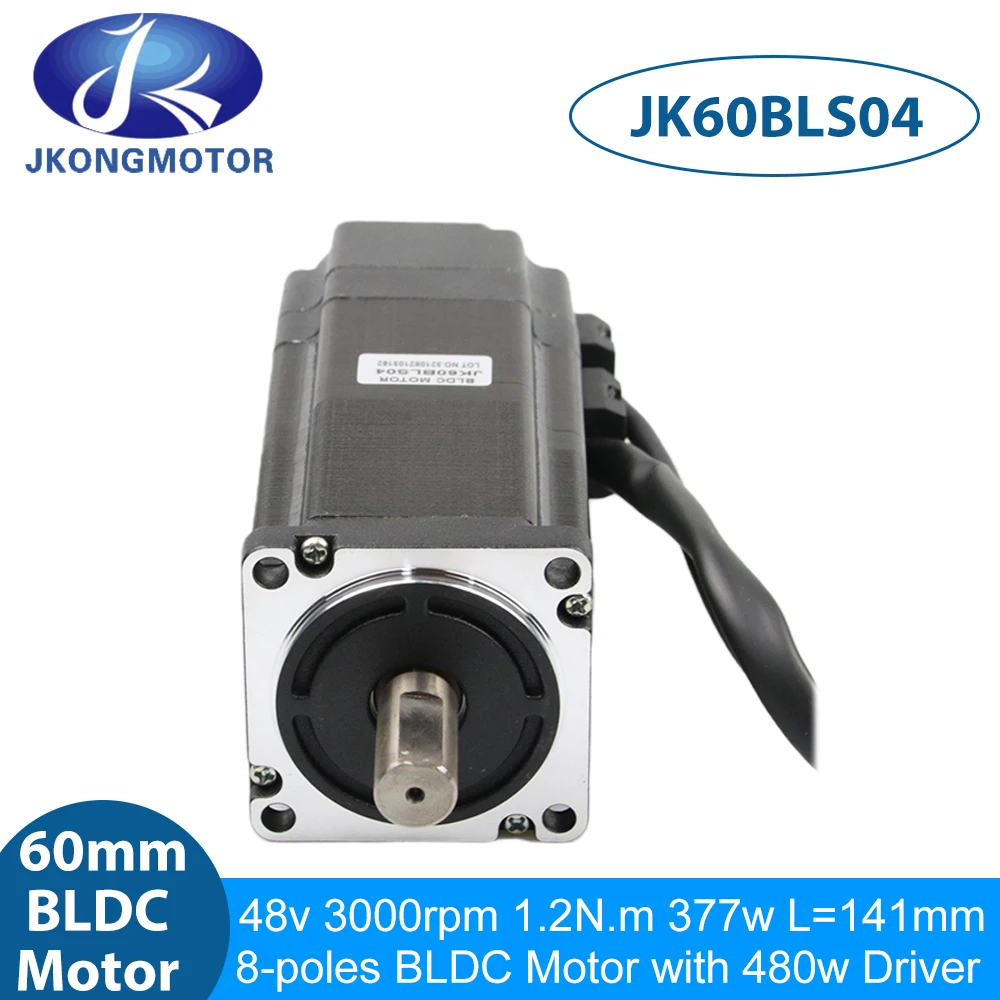 

Jkongmotor 60mm 48V 377W 1.2N.m 4000rpm 141mm 3 phase DC Brushless Motor JK60BLS04 BLDC Motor and JKBLD750 750w DC Motor Driver