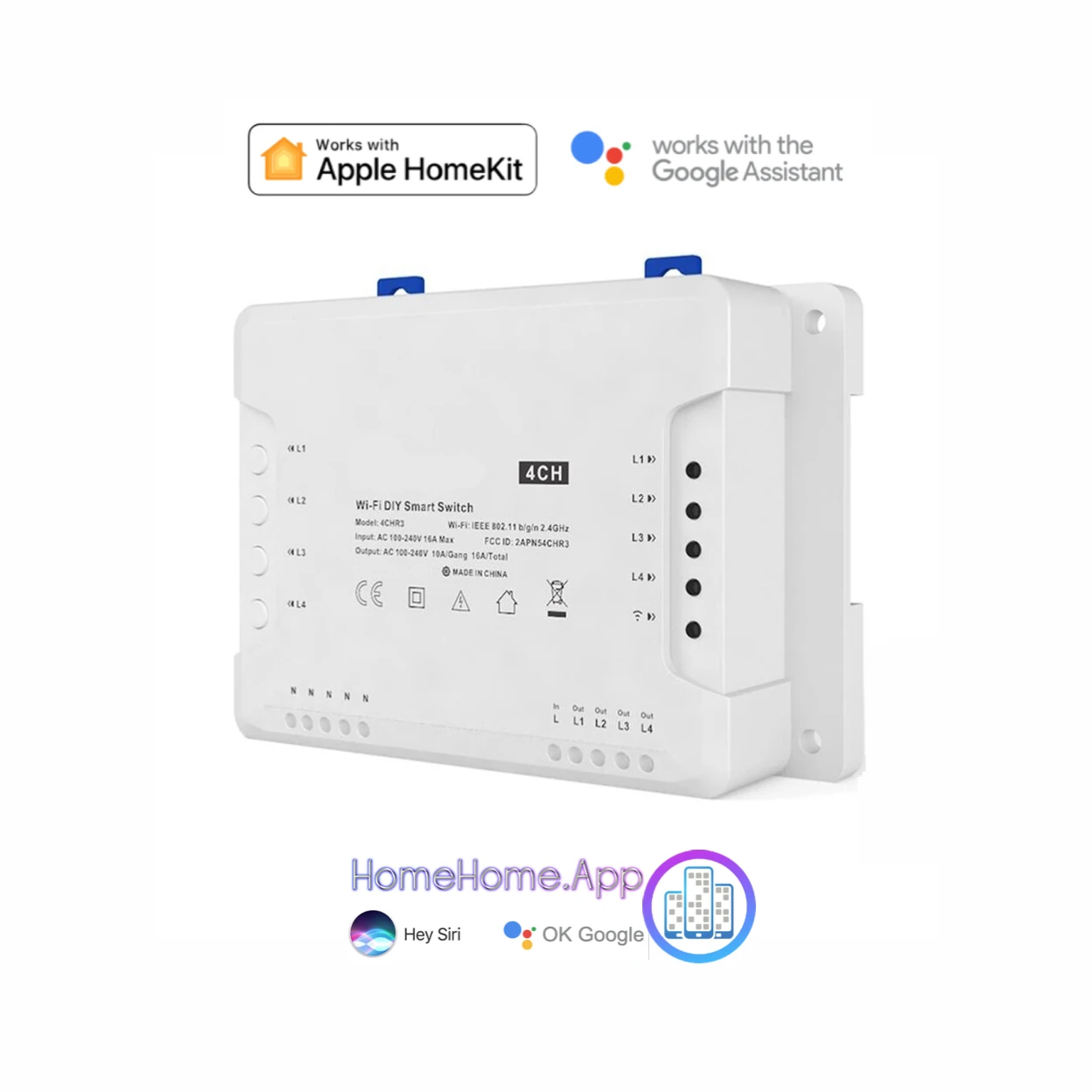 Apple HomeKit Compatible 4CH Relay Smart Home R3 WiFi Switch Siri Google Assistant Voice Wireless Automation Din Rail Light