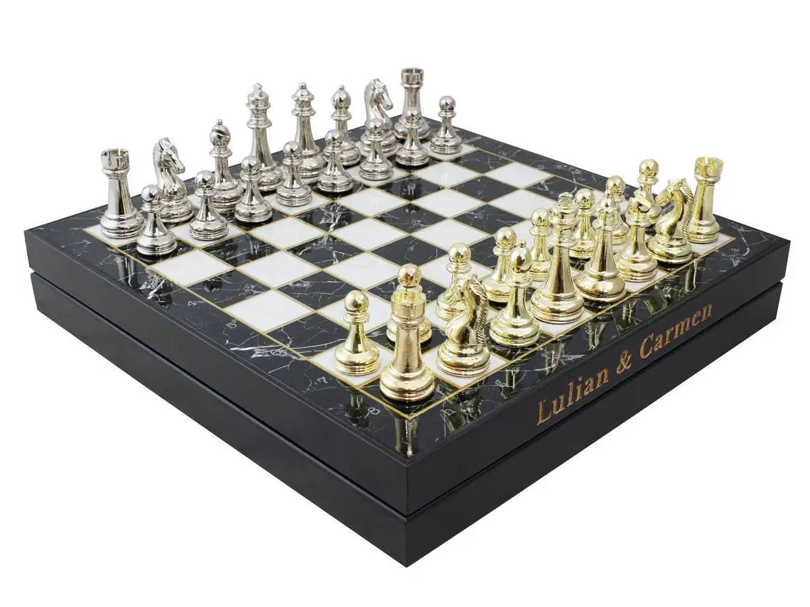 13.7 Inch Luxery Metal Chess Set First Class Chrome Plated Boxed Chess set Customized Wooden Game Gold and Siver Color figuress