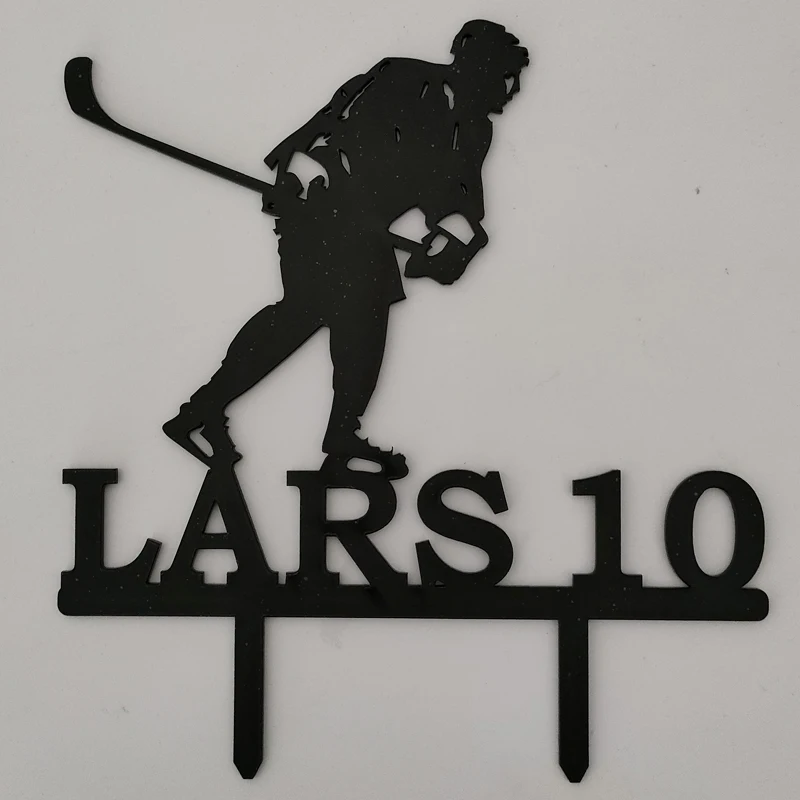 Custom Name Age Man Playing Ice Hockey Silhouette Cake Topper For Ice Hockey Fans Birthday Party Cake Decoration YC156