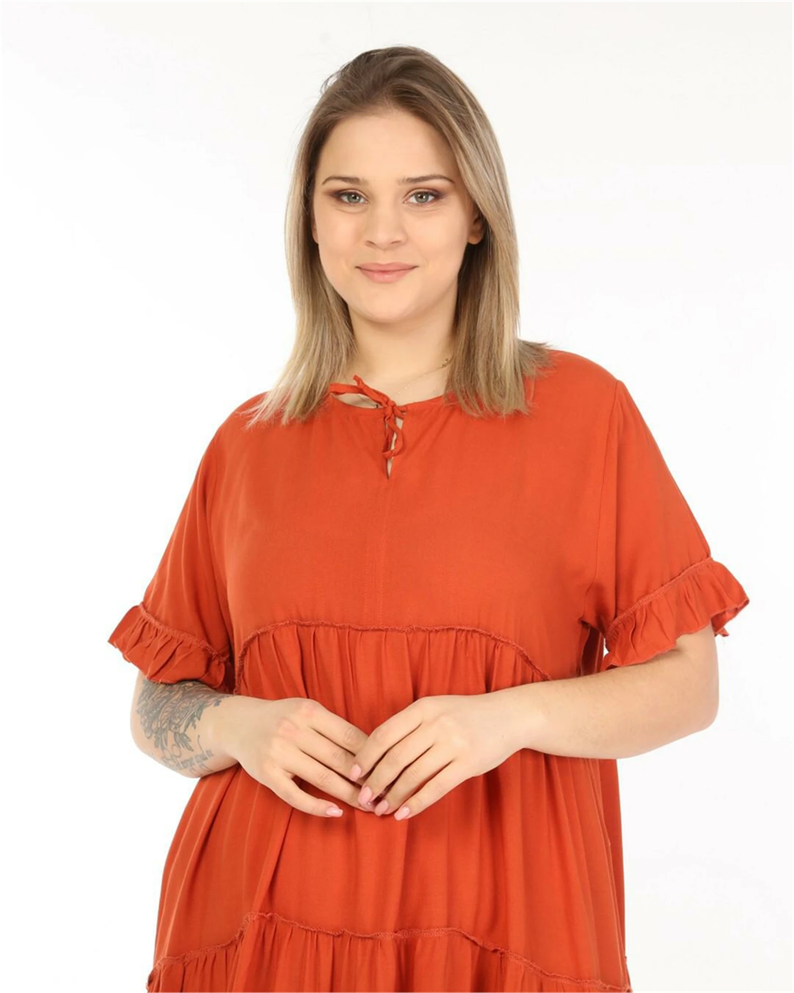 Diaves Summer Fashion Woman Plus Size Short Sleeve Casual Loose V-Neck Botton Detailed Mid-Calf Dress