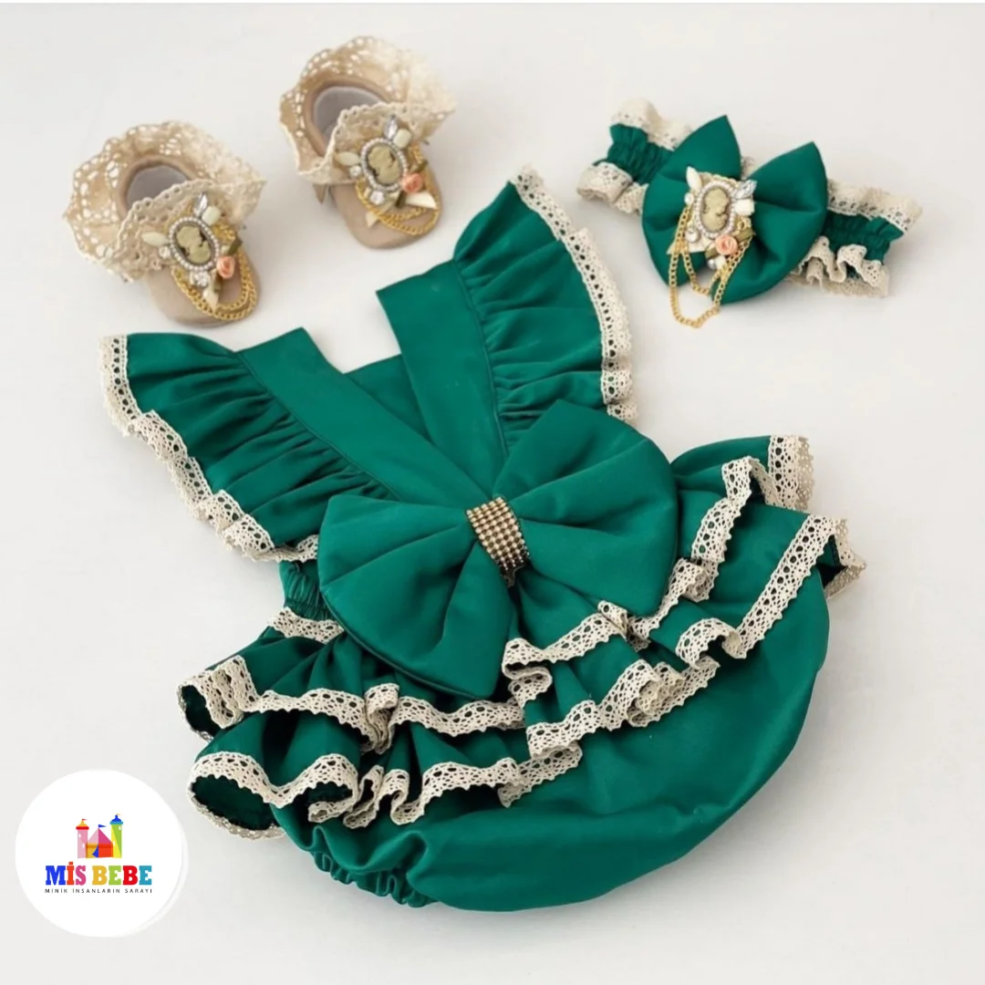 Luxury Baby Girl Romper Set - Elegant Lace and Bow Newborn Outfit with Headband and Shoes