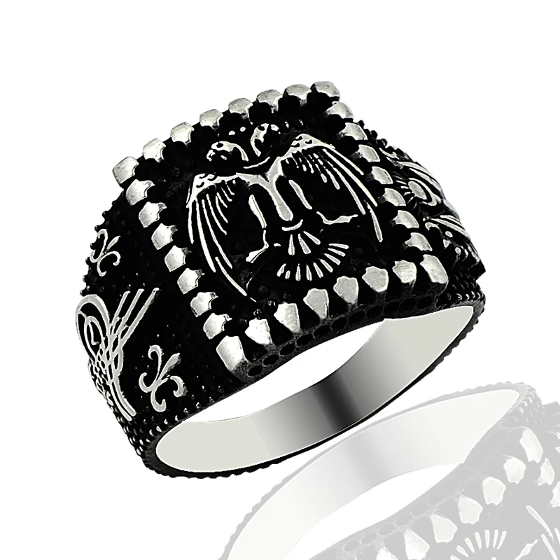 925 Silver Two Head Eagle Printed Ottoman Sytle Men Rings