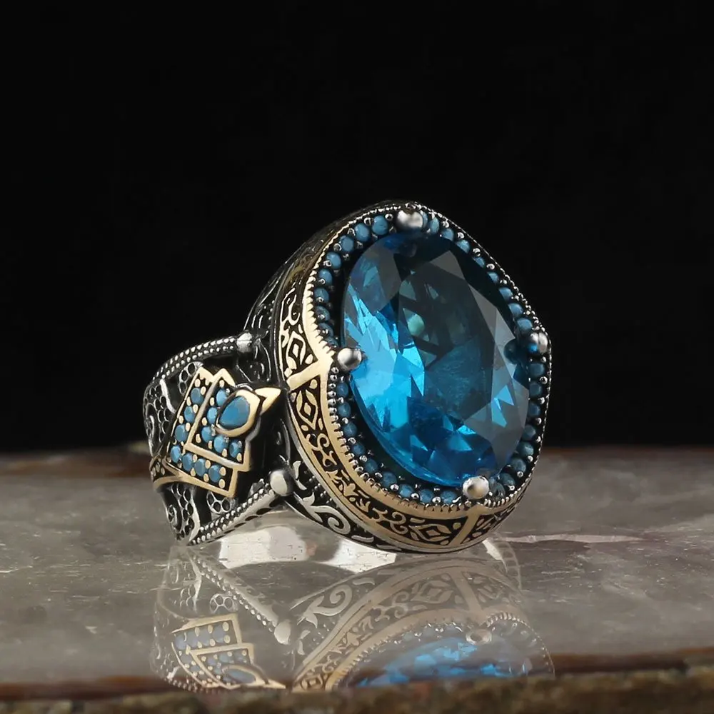 925 Sterling Silver Ring for Men Topaz Stone Jewelry Fashion Vintage Gift Onyx Aqeq Mens Rings All Size